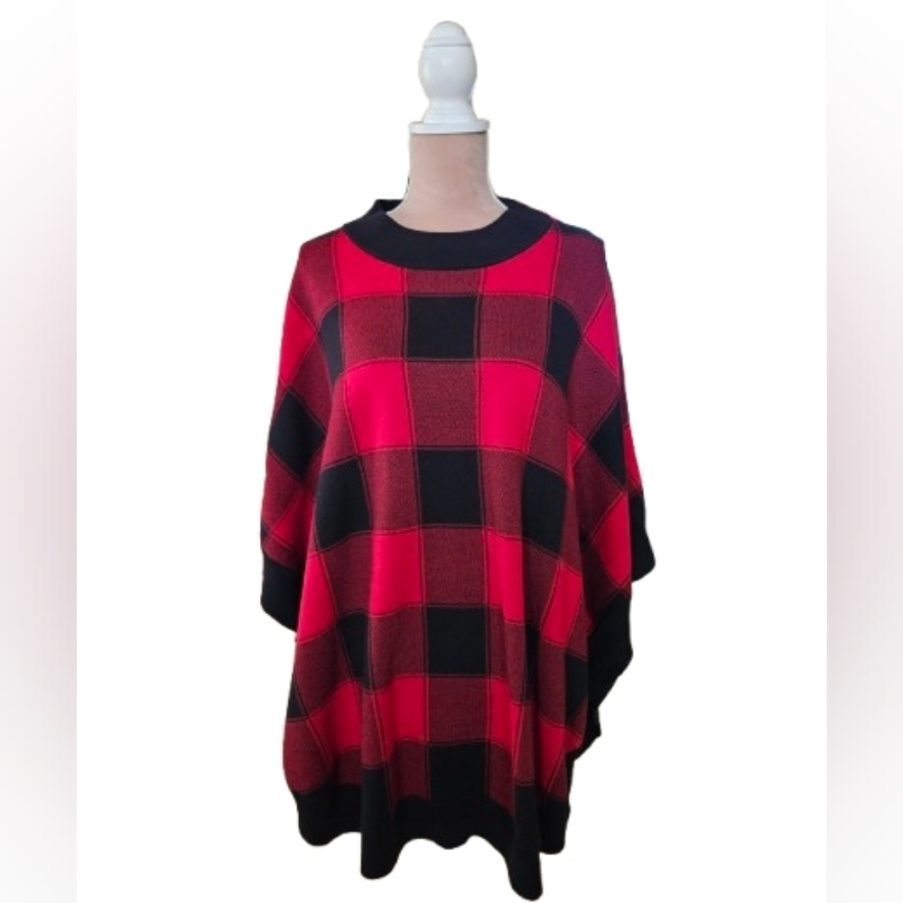 Talbots Buffalo Plaid Knit Poncho Cape Red Black Cotton L/XL